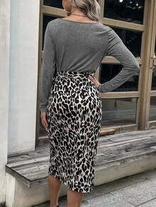 豹紋印花圍裹繫腰帶連衣裙 - 彩色 - 查看 2