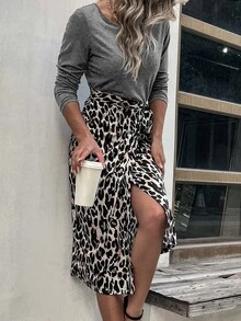 豹紋印花圍裹繫腰帶連衣裙 - 彩色 - 查看 3