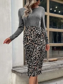 豹紋印花圍裹繫腰帶連衣裙 - 彩色 - 查看 4