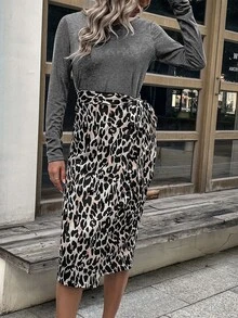 豹紋印花圍裹繫腰帶連衣裙 - 彩色 - 查看 5