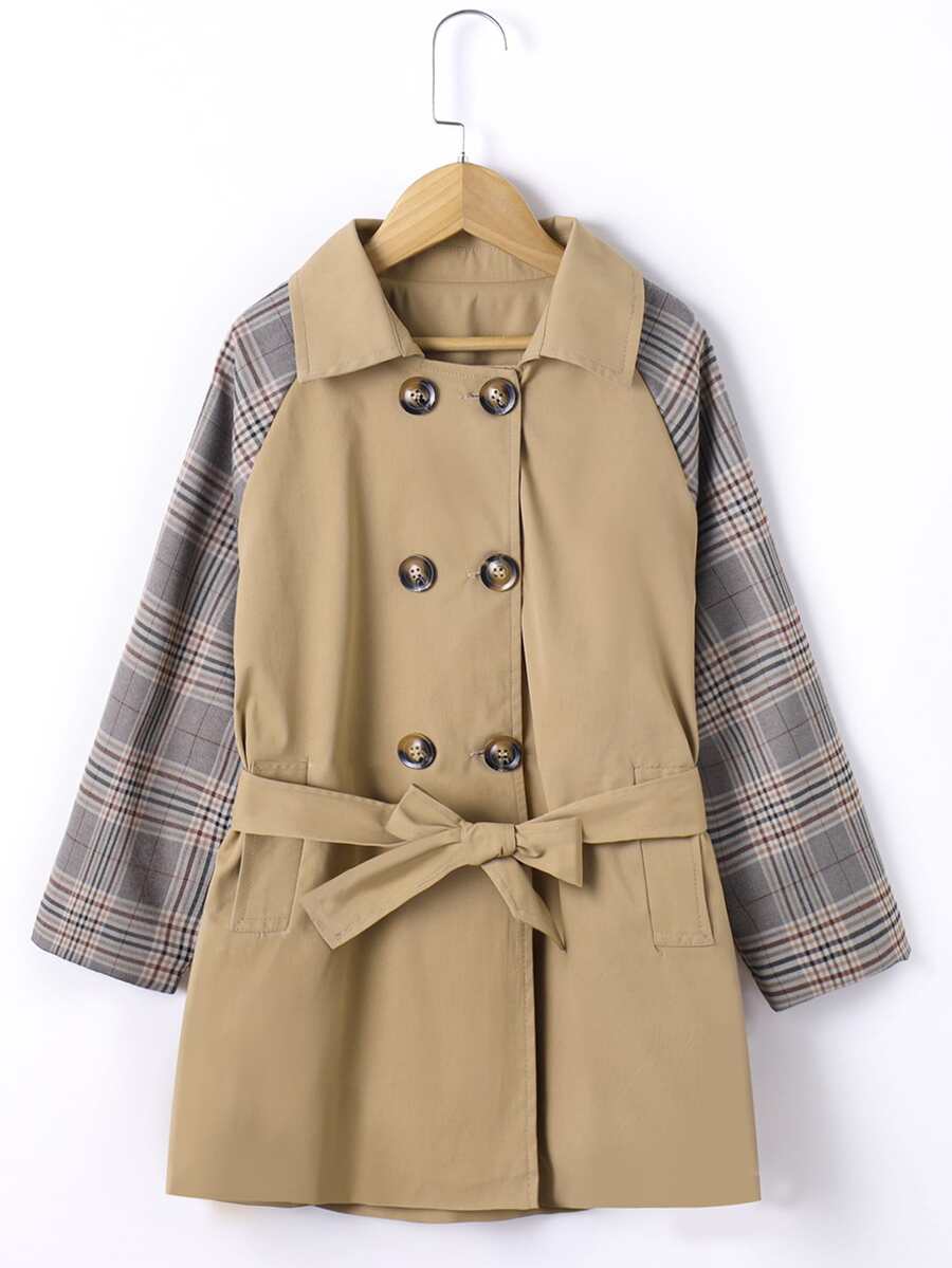 女孩格紋插肩袖雙排釦腰帶風衣外套