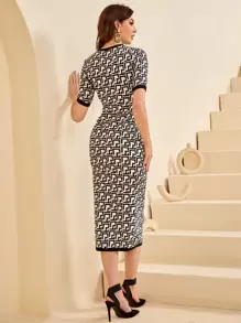 Modelyn 滿版幾何圖案撞色滾邊緊身連衣裙 - 黑與白 - 查看 2