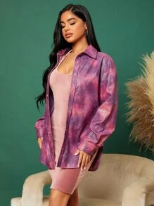 SHEIN Drop Shoulder Tie Dye PU Leather Coat In Fall/Winter - Multicolor - View 4