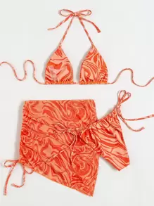 Bộ bikini tam giác họa tiết chất lỏng trừu tượng & váy đi biển mùa hè - trái cam - Xem 2