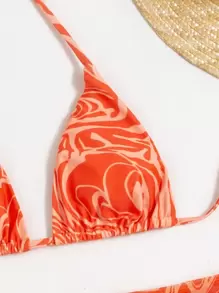 Bộ bikini tam giác họa tiết chất lỏng trừu tượng & váy đi biển mùa hè - trái cam - Xem 3