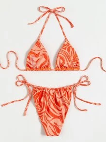 Bộ bikini tam giác họa tiết chất lỏng trừu tượng & váy đi biển mùa hè - trái cam - Xem 4