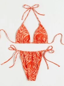 Bộ bikini tam giác họa tiết chất lỏng trừu tượng & váy đi biển mùa hè - trái cam - Xem 5