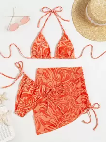 Bộ bikini tam giác họa tiết chất lỏng trừu tượng & váy đi biển mùa hè - trái cam - Xem 8