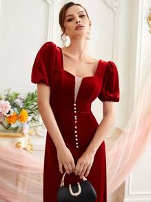 SHEIN 珍珠前網紗拼接泡泡袖絲絨連衣裙 - 酒紅色 - 查看 3