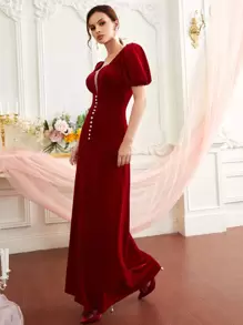 SHEIN 珍珠前網紗拼接泡泡袖絲絨連衣裙 - 酒紅色 - 查看 1