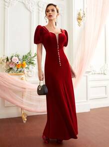 SHEIN 珍珠前網紗拼接泡泡袖絲絨連衣裙 - 酒紅色 - 查看 5