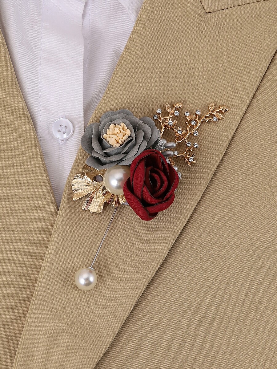 Rhinestone & Flower Decor Boutonniere - Multicolor - View 1