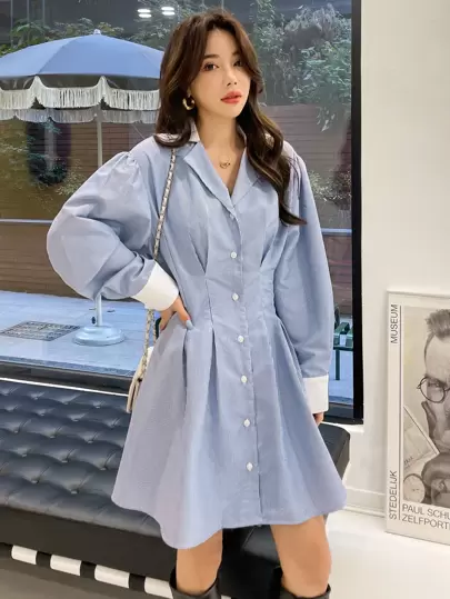 DAZY Vertical Striped Puff Sleeve Plicated Detail Shirt Dress,Casual Women Dresses,Fall Dress