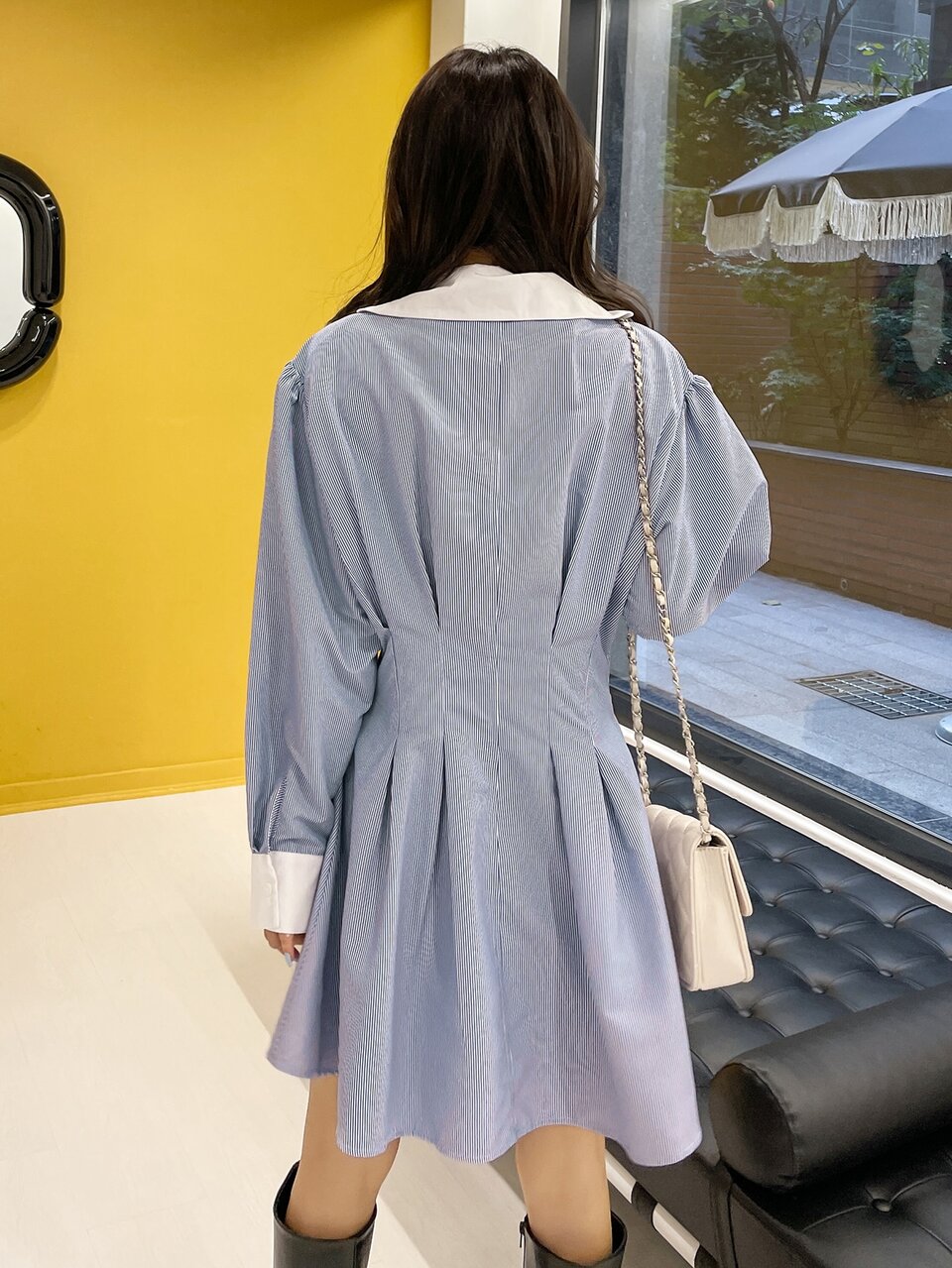 Vertical Striped Puff Sleeve Plicated Detail Shirt Dress,Casual Women Dresses,Fall Dress