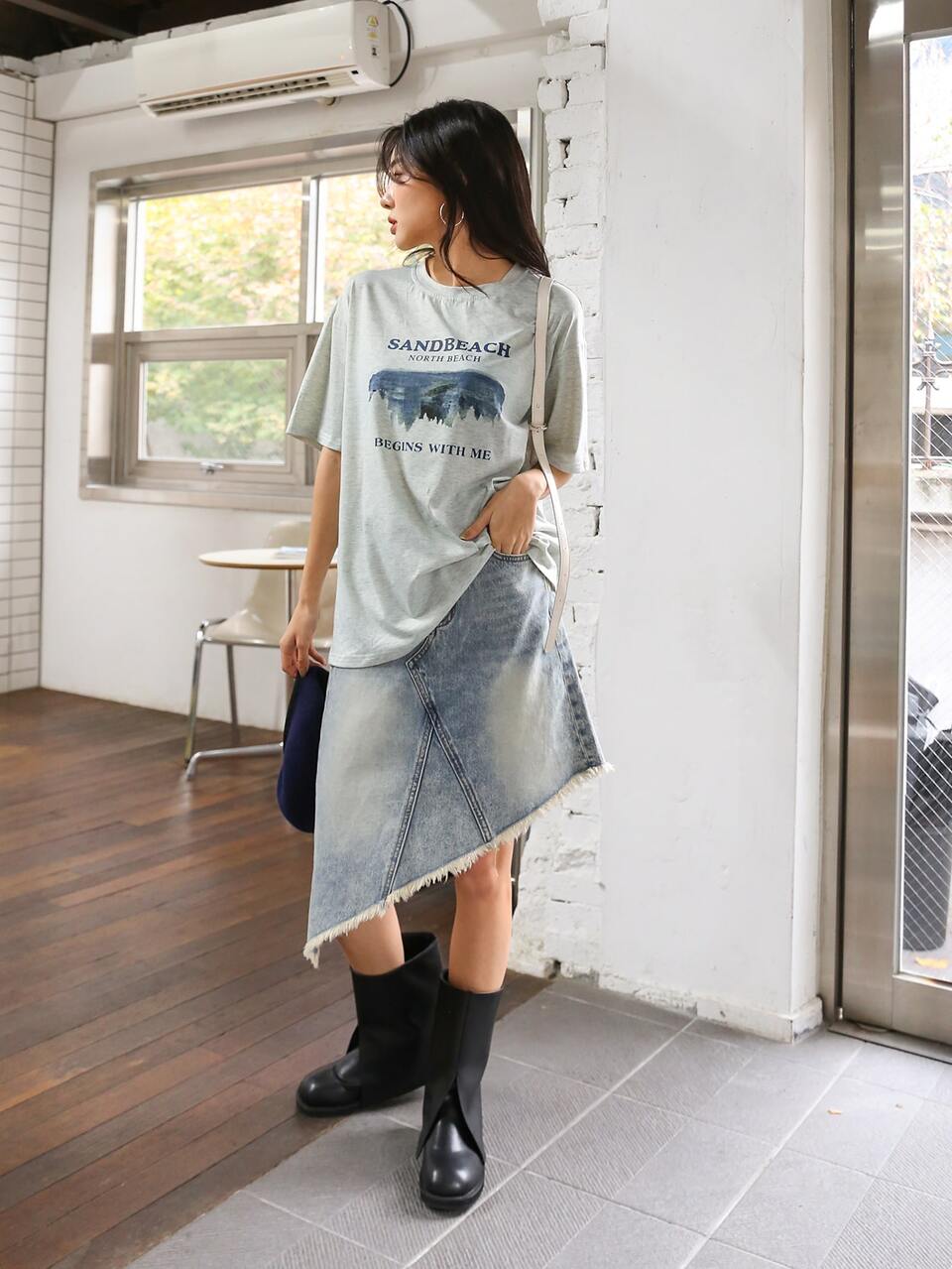 Letter & View Print Drop Shoulder Tee Summer Oversized T-Shirt