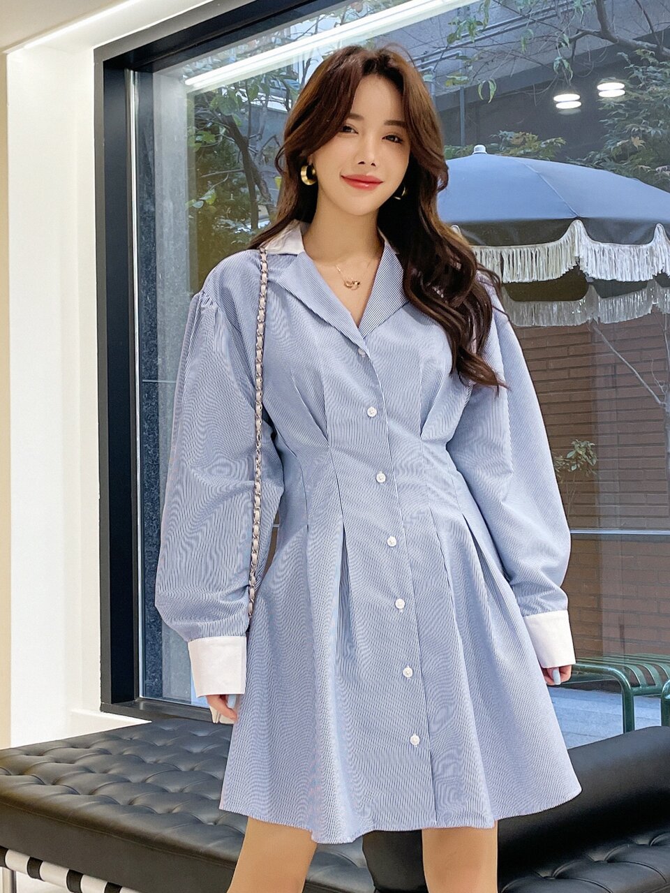 Vertical Striped Puff Sleeve Plicated Detail Shirt Dress,Casual Women Dresses,Fall Dress