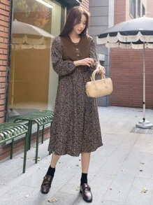 DAZY Allover Print Puff Sleeve Dress & Vest Jacket