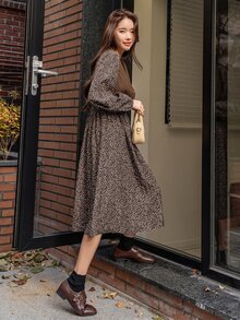 DAZY Allover Print Puff Sleeve Dress & Vest Jacket