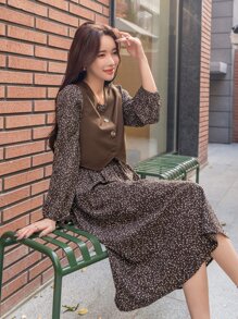 DAZY Allover Print Puff Sleeve Dress & Vest Jacket