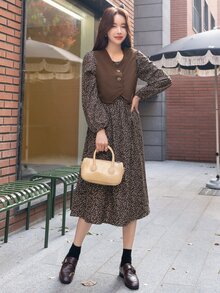 DAZY Allover Print Puff Sleeve Dress & Vest Jacket