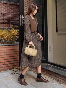 DAZY Allover Print Puff Sleeve Dress & Vest Jacket