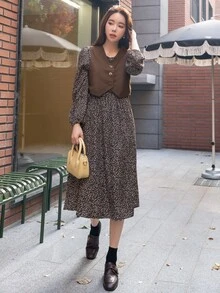 DAZY Allover Print Puff Sleeve Dress & Vest Jacket