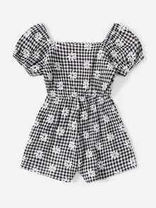 小女童雙色格子和印花泡泡袖連身短褲 - 黑與白 - 查看 2
