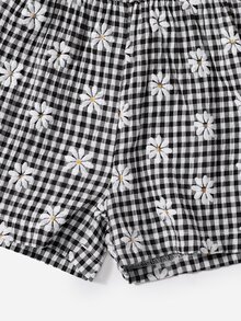 小女童雙色格子和印花泡泡袖連身短褲 - 黑與白 - 查看 3