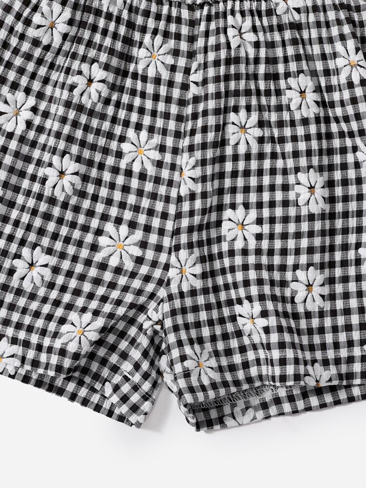 Jumpsuit bé gái Nút phía trước Hoa Kẻ sọc Boho - Đen và trắng - Xem 3