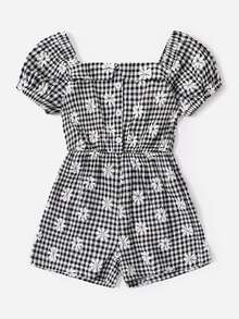 小女童雙色格子和印花泡泡袖連身短褲 - 黑與白 - 查看 4