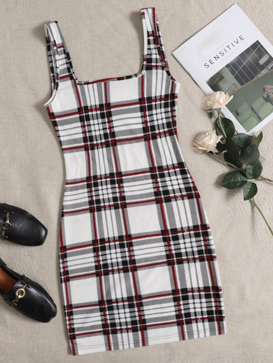 Muchica Double Square Neck Plaid Bodycon Dress - Multicolor - View 1