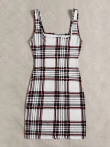 Muchica Double Square Neck Plaid Bodycon Dress - Multicolor - View 2
