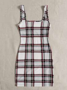 Muchica Double Square Neck Plaid Bodycon Dress - Multicolor - View 3