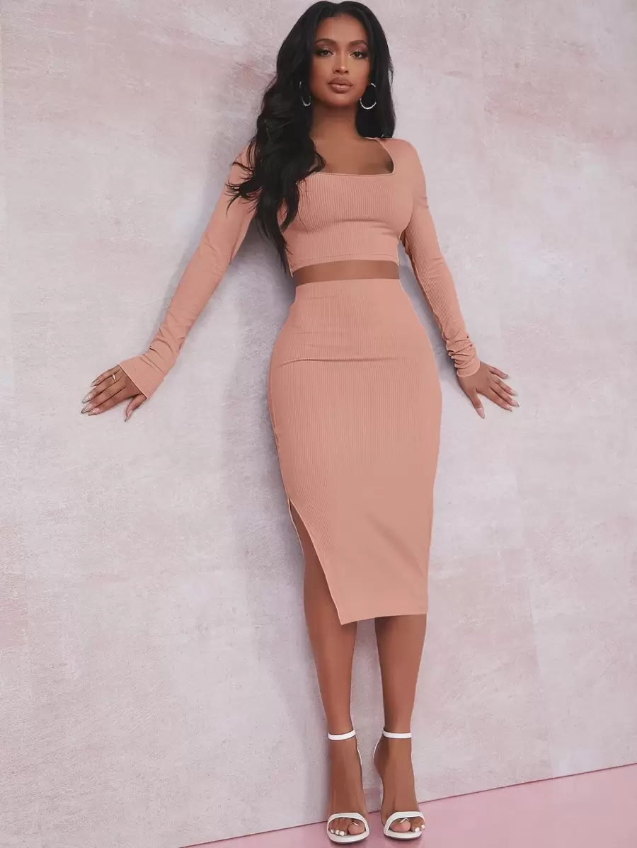 SHEIN SXY Solid Crop Tee & Split Thigh Skirt Set - Dusty Pink - View 1