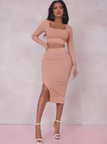 SHEIN SXY Solid Crop Tee & Split Thigh Skirt Set - Dusty Pink - View 3