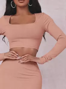 SHEIN SXY Solid Crop Tee & Split Thigh Skirt Set - Dusty Pink - View 5