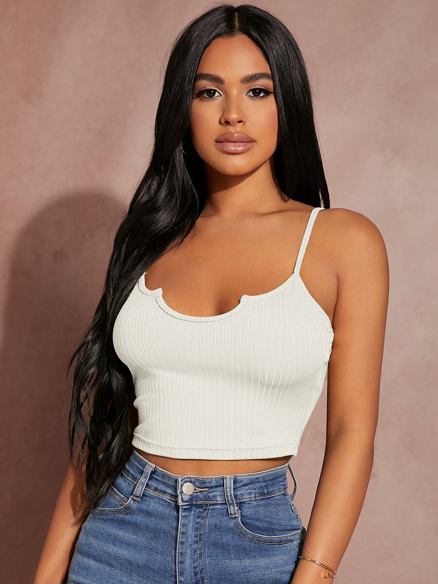 SHEIN SXY Notch Neck Rib-knit Cami Crop Top - White - View 1