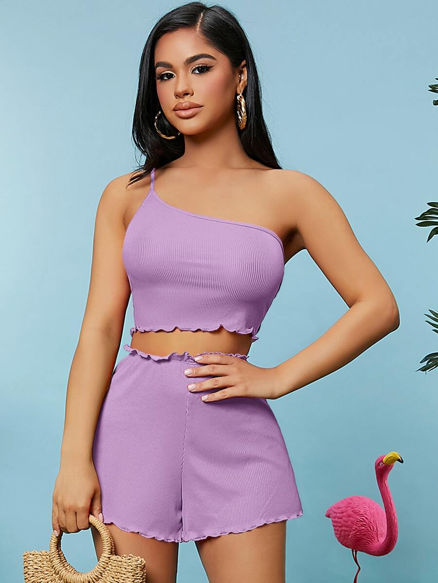 SHEIN SXY 單肩木耳邊上衣和短褲套裝 - 紫丁香色 - 查看 1