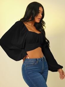 SHEIN SXY Ruched Bust Wrap Tie Back Crop Blouse - Black - View 3
