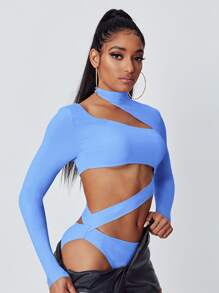 SHEIN Asymmetrical Neck Cut Out Bodysuit - Blue - View 1