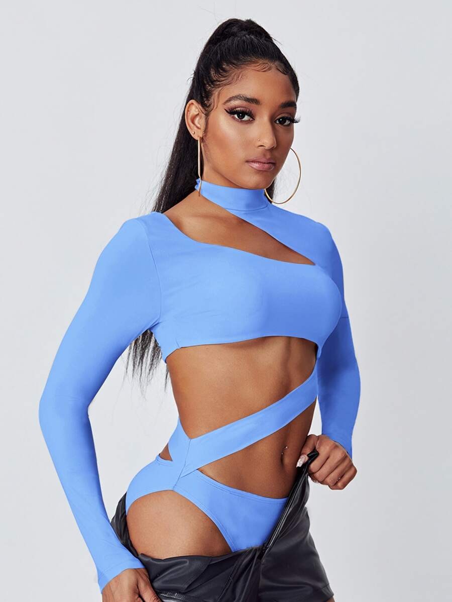 SHEIN Asymmetrical Neck Cut Out Bodysuit - Blue - View 1