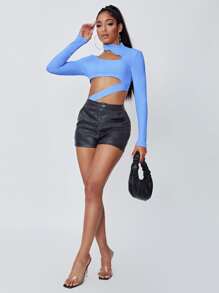 SHEIN Asymmetrical Neck Cut Out Bodysuit - Blue - View 3