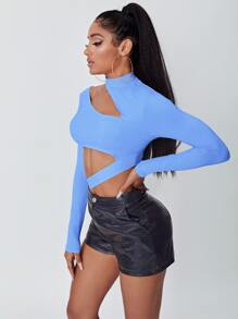 SHEIN Asymmetrical Neck Cut Out Bodysuit - Blue - View 4