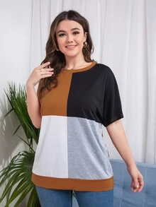 SHEIN Unity Plus Cut And Sew Panel Batwing Sleeve Tee - Multicolor - View 3