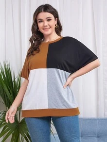 SHEIN Unity Plus Cut And Sew Panel Batwing Sleeve Tee - Multicolor - View 5