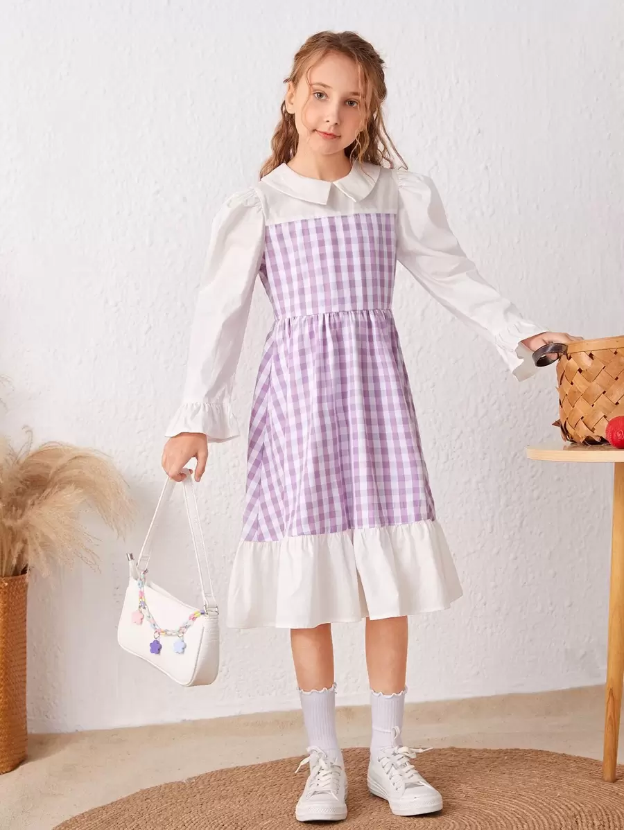 SHEIN Girls Gingham Flounce Sleeve Ruffle Hem Dress - Multicolor - View 1