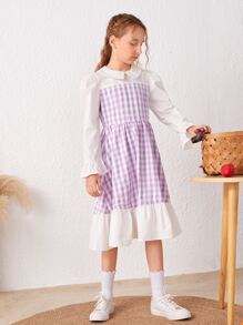 SHEIN Girls Gingham Flounce Sleeve Ruffle Hem Dress - Multicolor - View 4