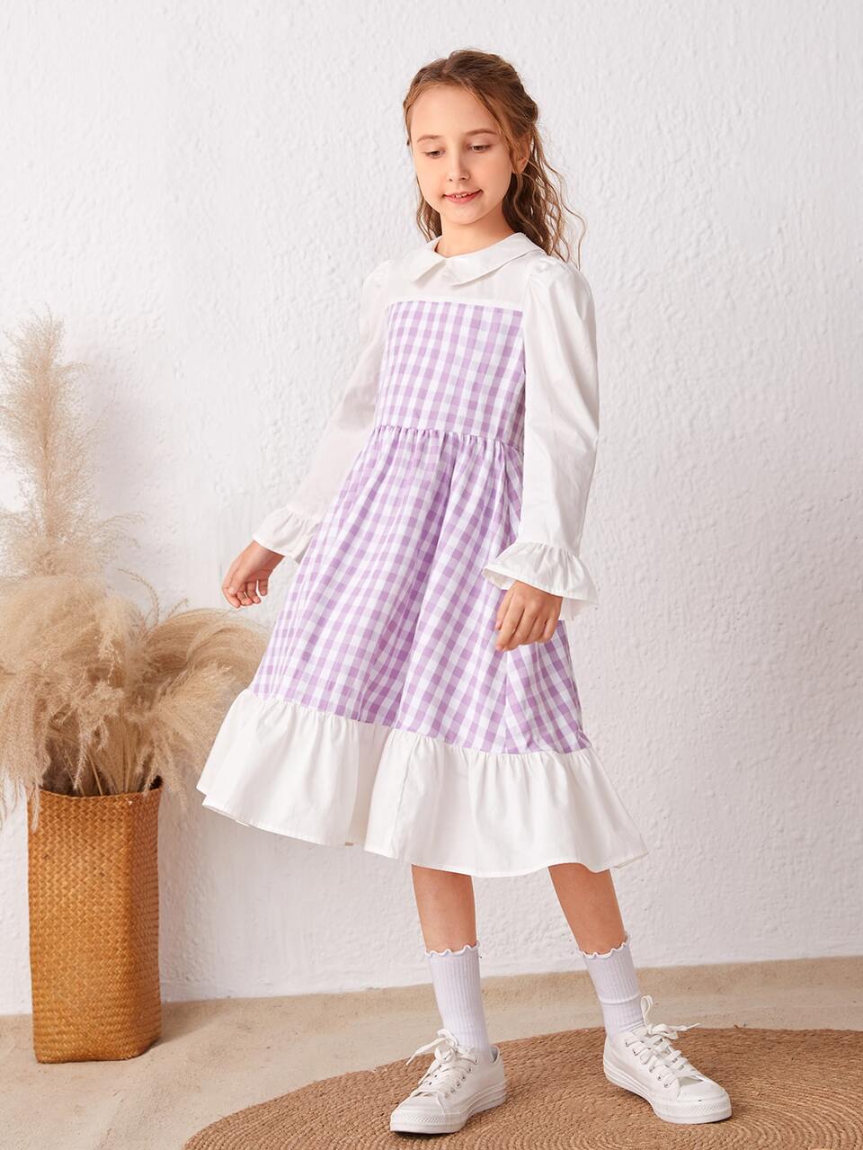 Girls Gingham Flounce Sleeve Ruffle Hem Dress