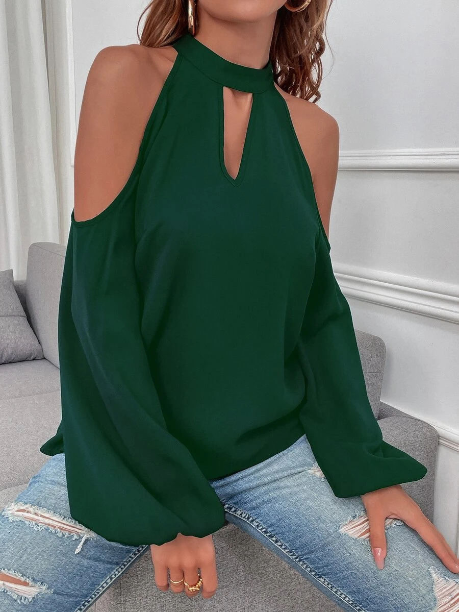 SHEIN LUNE Áo sơ mi nữ Cắt ra màu trơn Giải trí - Màu xanh lá cây đậm - Xem 1