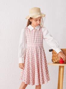 SHEIN Girls Gingham Print Collared Dress - Multicolor - View 1